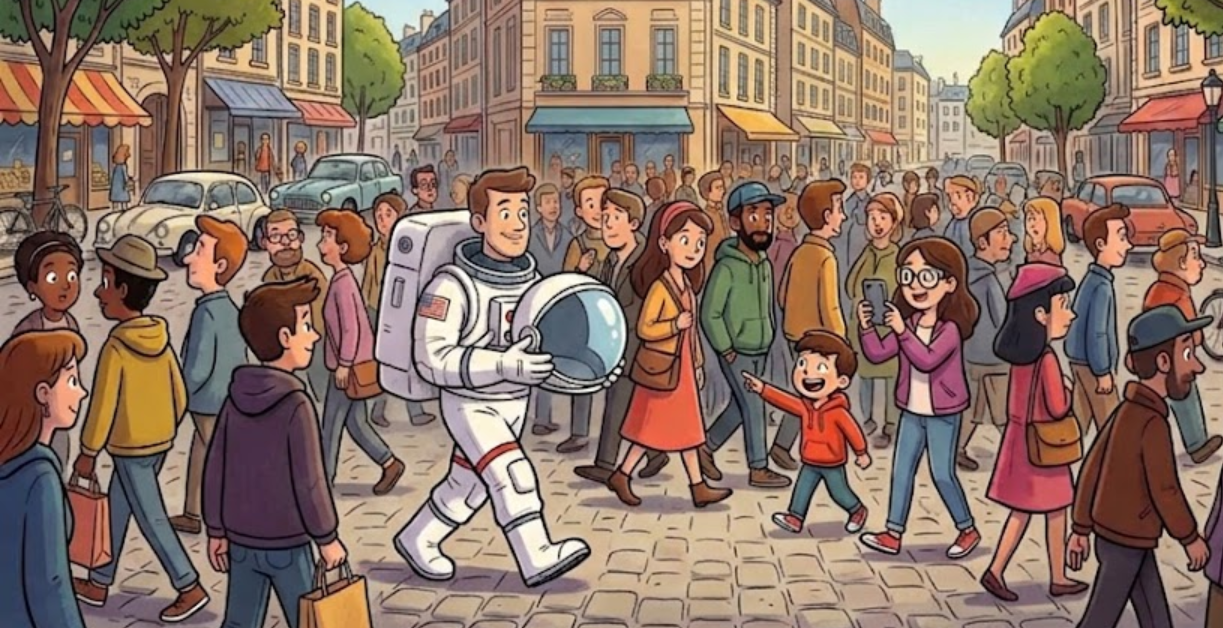 cartoon of an Astronaut walking through a crowd